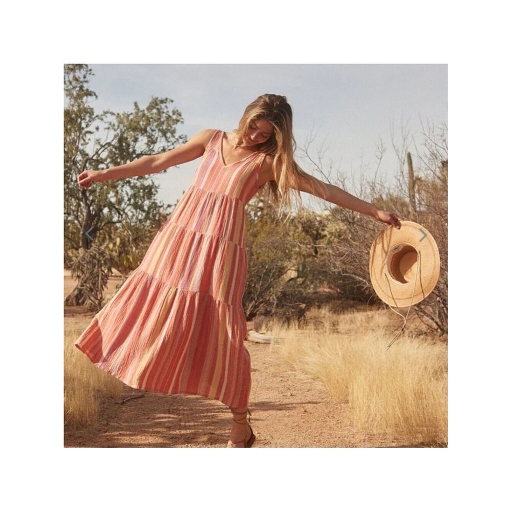 Marine Layer Corinne Stripe Cotton Gauze Tiered Maxi Sun Dress Size Medium